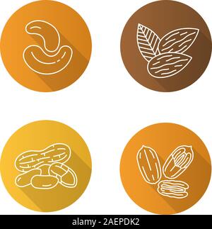 Muttern flache Lineare lange Schatten Symbole gesetzt. Mandel, Erdnuss, Cashew und Pekannuss. Vektor Kontur Abbildung Stock Vektor
