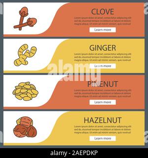 Gewürze Web Banner Vorlagen eingestellt. Nelke, Ingwer, pinenut, Haselnuss. Website Farbe Menüpunkte. Vektor header Design Konzepte Stock Vektor