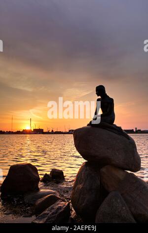 Statue der Meerjungfrau im Langelinie bei Sonnenaufgang, Kopenhagen, Dänemark Stockfoto