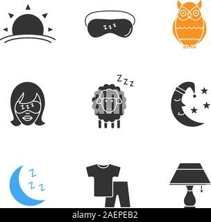 Schlafen Zubehör Glyphe Symbole gesetzt. Silhouette Symbole. Sonnenuntergang, Frau mit Schlafbrille, Owl, Schafe, Mond, Schlafanzüge, Tischleuchte. Vektor isolierte Kranke Stock Vektor