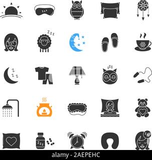 Schlafen Zubehör Glyphe Symbole gesetzt. Silhouette Symbole. Kissen, Schlafsack, Hausschuhe, Pillen, Ohrenstöpsel, dreamcatcher, Wecker, Schlafanzug. Vektor isol Stock Vektor