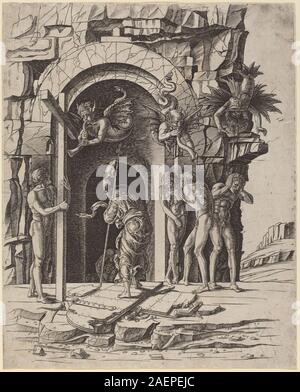 Ein Gemälde aus der Werkstatt von Andrea Mantegna oder Zoan Andrea zugeschrieben aus dem Jahr 1475-1480, das den Abstieg in Limbo darstellt und Christus, Seelen und architektonische Innenräume zeigt. Das Werk zeigt norditalienische Kunst und Figurenkomposition des 15. Jahrhunderts. Stockfoto