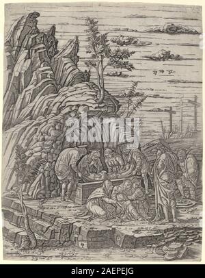 Ein Gemälde aus der Werkstatt von Andrea Mantegna oder Giovanni Antonio da Brescia um 1500-1504 zugeschrieben, das die Grabstätte mit drei Vögeln darstellt, die Grabstätte, Figuren, Vorhänge und die Komposition aus der Renaissance zeigt. Stockfoto