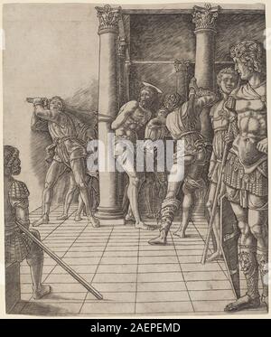 Ein Gemälde um 1475-1480 aus der Werkstatt von Andrea Mantegna oder Zoan Andrea zugeschrieben, das die Geißelung Christi darstellt, die Christus an eine Säule gebunden, Figuren, perspektivischen Pflaster, architektonischen Hintergrund und italienische Renaissancetechniken des späten 15. Jahrhunderts zeigt. Stockfoto