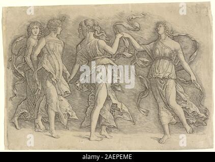 Ein Gemälde aus der Werkstatt von Andrea Mantegna oder Zoan Andrea zugeschrieben aus dem Jahr 1497, das vier Frauen in fließenden Gewändern zeigt, die norditalienische Figurenmalerei und Bewegung des 15. Jahrhunderts darstellen. Stockfoto