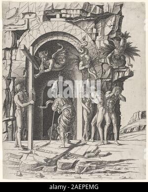 Ein Gemälde aus der Werkstatt von Andrea Mantegna oder Zoan Andrea (1475–1480), das Christus in Limbo mit umgebenden Figuren in einer architektonischen Umgebung zeigt. Das Werk veranschaulicht die italienische religiöse Malerei und Komposition des 15. Jahrhunderts. Stockfoto