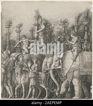 Ein Gemälde des Triumphes von Cäsar mit Elefanten aus dem Jahr 1485-1490 von der Werkstatt von Andrea Mantegna oder Zoan Andrea zugeschrieben, mit Prozession, Figuren, Elefanten, architektonischem Hintergrund, und Stilelemente der Renaissance. Stockfoto