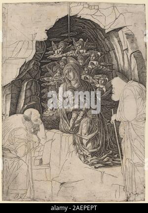 Ein Gemälde aus der Werkstatt von Andrea Mantegna um 1475-1480, das die Anbetung der Könige mit der Jungfrau Maria in einer Grotte darstellt, mit Figuren, Geschenken, Landschaftselementen und Komposition der frühen Renaissance. Stockfoto