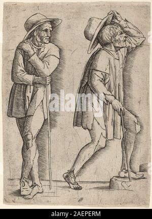 Ein Gemälde von zwei Bauern aus dem Jahr 1480-1500 von der Werkstatt von Andrea Mantegna, das Figurenproportionen, Kleidung, Gesten, ländliche Umgebung zeigt. und Stilelemente der Frührenaissance. Stockfoto