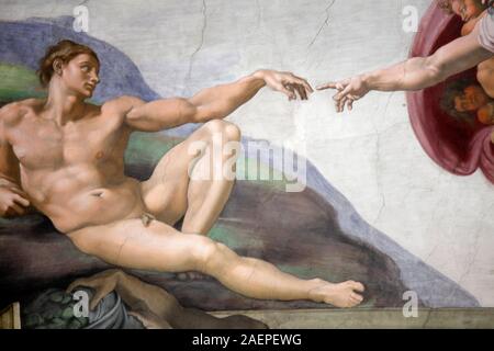 Die Erschaffung Adams von Michelangelo in der Sixtinischen Kapelle, Vatikan, Rom, Italien Stockfoto