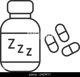 Schlaftabletten lineare Symbol. Mit Medikamenten und zzz Symbol Flasche. Dünne Linie Abbildung. Schlafmittel Kontur Symbol. Vektor isoliert Maßbild Stock Vektor