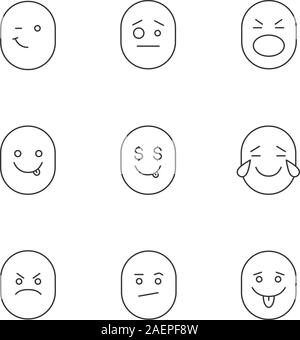 Lächeln lineare Symbole gesetzt. Thin Line Kontur Symbole. Gute und schlechte Laune. Winking, verwirrt, schockiert, lecker, gierig, Lachen, wütend, gelangweilt Emoticons. Ist Stock Vektor