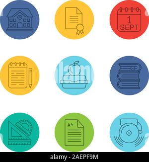 Schule und Ausbildung lineare Symbole gesetzt. Diplom, 1. September Datum, Notepad, Lunchpaket, Bücher, Lineale, Schulgebäude, test Papier. Thin Line Kontur Stock Vektor