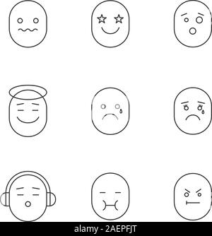 Lächeln lineare Symbole gesetzt. Thin Line Kontur Symbole. Gute und schlechte Laune. Verwirrt, aufgeregt, tränende, Erbrechen, wütend, schockiert, Musik hören Emoticon Stock Vektor