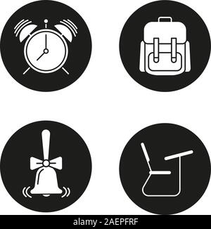 Schule und Bildung Glyphe Symbole gesetzt. Student's Rucksack, Wecker, Klingeln Schule Bell, Schreibtisch. Vektor weisse Silhouetten Abbildungen in schwarz Circ. Stock Vektor