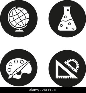 Schule und Bildung Glyphe Symbole gesetzt. Geografie, Chemie, Kunst, Geometrie Symbole. Schule Herrscher, chemische Reaktion, Palette mit Pinsel, weltweit. Vektor Stock Vektor