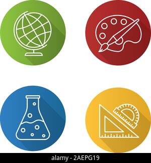 Bildung Flachbild lineare lange Schatten Symbole gesetzt. Geografie, Chemie, Kunst, Geometrie Symbole. Schule Herrscher, chemische Reaktion, Palette mit Pinsel, weltweit. Stock Vektor