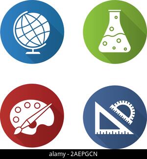 Bildung flache Bauweise lange Schatten Glyphe Symbole gesetzt. Geografie, Chemie, Kunst, Geometrie Symbole. Schule Herrscher, chemische Reaktion, Palette mit Pinsel, Stock Vektor