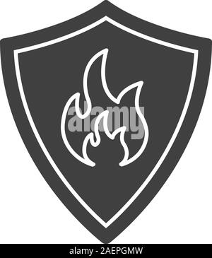 Feuerwehr Abzeichen glyph Icon. Silhouette Symbol. Schutz Schild mit Feuer. Negativer Platz. Vektor isoliert Abbildung Stock Vektor