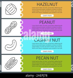 Muttern Arten Web Banner Vorlagen eingestellt. Haselnuss, Erdnuss, Cashew und Pekannuss. Website Farbe Menüpunkte mit linearen Symbolen. Vektor Header design anhand von quantitativen Simulatio Stock Vektor