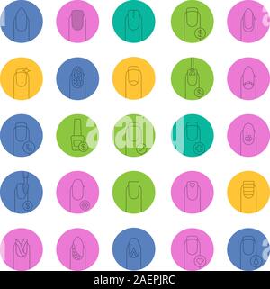 Maniküre lineare Symbole gesetzt. Nail Salon Service. Vielfalt der Maniküre. Thin Line outline Symbole auf Farbe Kreise. Vektorgrafiken Stock Vektor