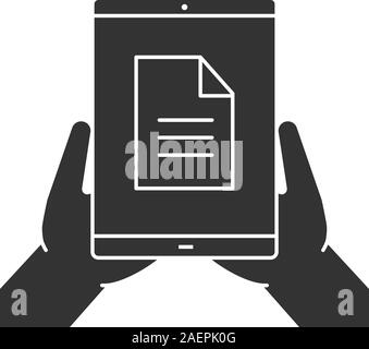 Hände halten Tablet Computer glyph Icon. Silhouette Symbol. Tablet Computer mit Datei. Negativer Platz. Vektor isoliert Abbildung Stock Vektor