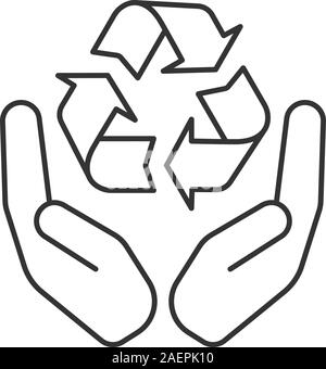 Palmen mit Recycling Zeichen lineare Symbol Öffnen. Verhütung von Verschmutzung. Dünne Linie Abbildung. Kontur Symbol. Vektor isoliert Maßbild Stock Vektor