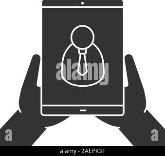 Hände halten Tablet Computer glyph Icon. Silhouette Symbol. Tablet Computer mit Geschäftsmann. Negativer Platz. Vektor isoliert Abbildung Stock Vektor