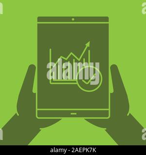 Hände halten Tablet Computer Glyphe Farbe Symbol. Silhouette Symbol. Tablet Computer mit Diagramm und Haken. Negativer Platz. Vektor isoliert illust Stock Vektor