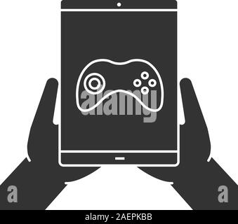 Hände halten Tablet Computer glyph Icon. Silhouette Symbol. Tablet-PC mit Gamepad. Negativer Platz. Vektor isoliert Abbildung Stock Vektor