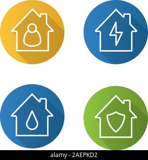 Häuser flach linear lange Schatten Symbole gesetzt. Haushälterin, Wasserversorgung, privaten Eigentums, home Elektrifizierung. Vektor Kontur Abbildung Stock Vektor