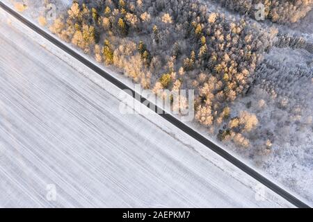 Abstrakte Luftaufnahme von eine Straße zwischen einem eingefrorenen landwirtschaftlichen Feld und Wald läuft. Tartu, Estland. Stockfoto