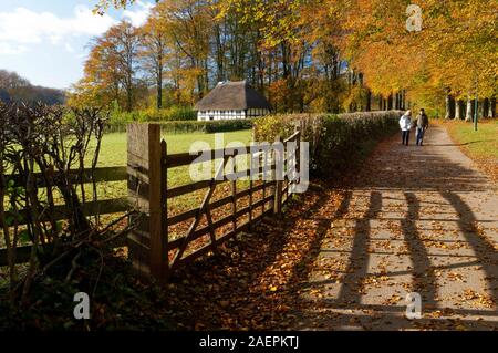 Farben des Herbstes und Abernodwydd Bauernhaus, National History Museum/Amgueddfa Werin Cymru, St Fagan, Cardiff, South Wales. Stockfoto