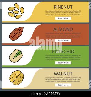 Muttern Arten Web Banner Vorlagen eingestellt. Pinenut, Mandel-, Pistazien-, Walnuss. Website Farbe Menüpunkte. Vektor header Design Konzepte Stock Vektor