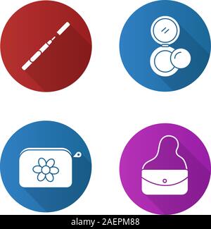 Kosmetik flache Bauweise lange Schatten Glyphe Symbole gesetzt. Eyeliner, Geldbörse, Kosmetiktasche, Rouge. Vektor silhouette Abbildung Stock Vektor