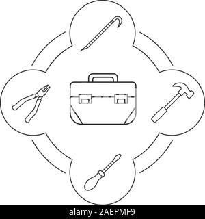 Tool Box Inhalt lineare Symbole gesetzt. Construction Tools. Zange, Stemmeisen, Schraubendreher, Hammer. Isolierte Vektorgrafiken Stock Vektor