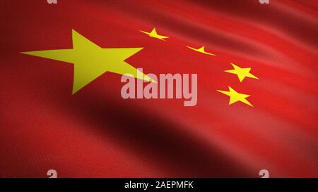 Flagge der Volksrepublik China. Realistische wehende Flagge 3D-Render Abbildung mit sehr detaillierten Stoff Textur Stockfoto