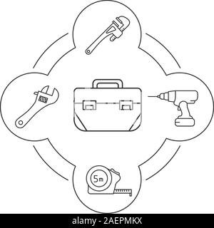 Tool Box Inhalt lineare Symbole gesetzt. Halbmond und Monkey Schlüssel, Messband, Akku-bohrschrauber. Construction Tools. Isolierte Vektorgrafiken Stock Vektor