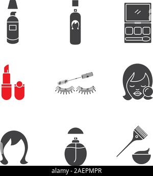 Kosmetik Zubehör Glyphe Symbole gesetzt. Foundation Cream, Haarspray, Make-up, Lippenstift, Mascara, Gesicht der Frau, Perücke, Parfum. Silhouette Symbole. Ve Stock Vektor