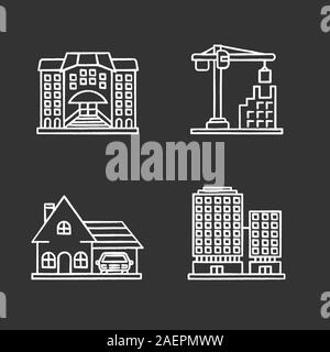 Stadt Gebäude chalk Symbole gesetzt. Hotel, Turmdrehkran, Cottage, Business Center. Isolierte vektor Tafel Abbildungen Stock Vektor