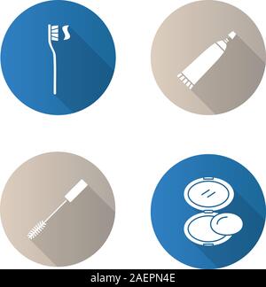 Kosmetik und Hygiene Zubehör. Flache Bauweise lange Schatten Glyphe Symbole gesetzt. Zahnbürste, wimperntusche, Puder, zahnpastatube. Vektor silhouette Lllustrat Stock Vektor