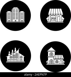 Stadt gebäude Glyphe Symbole gesetzt. Shop, industriellen Fabrik, Cafe, mehrstöckiges Gebäude. Vektor weisse Silhouetten Abbildungen in schwarzen Kreisen Stock Vektor