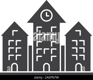 Rathaus glyph Icon. Gebäude mit Uhr. Silhouette Symbol. Schule, Hochschule, Universität. Negativer Platz. Vektor isoliert Abbildung Stock Vektor