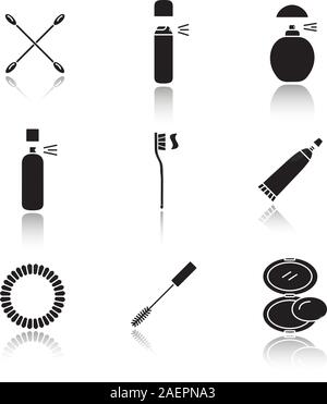 Kosmetik Zubehör Schatten schwarz Glyphe Symbole gesetzt. Flaschen Earsticks, Deodorant, Parfüm, Zahnbürste, Zahnpasta, Haar scrunchy, Mascara, Rouge. Stock Vektor