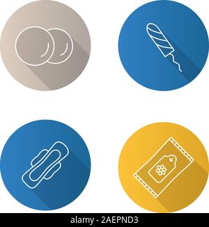 Pflegeprodukte Flachbild lineare lange Schatten Symbole gesetzt. Frauen hygienische Produkte. Wattepads, Sanitär, Tampon, Handtuch mit Flügeln, Feuchttücher. Vektor Kontur krank Stock Vektor