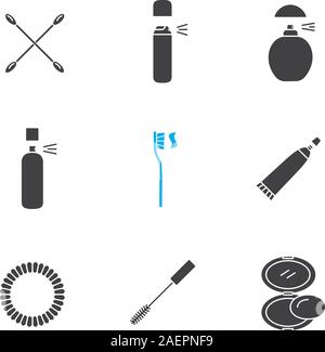 Kosmetik Zubehör Glyphe Symbole gesetzt. Silhouette Symbole. Flaschen Earsticks, Deodorant, Parfüm, Zahnbürste, Zahnpasta, Haar scrunchy, Mascara, roug Stock Vektor