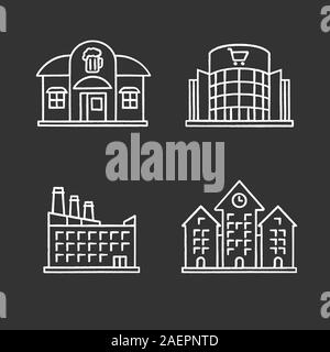 Stadt Gebäude chalk Symbole gesetzt. Pub, Einkaufszentrum, hotel, Rathaus. Isolierte vektor Tafel Abbildungen Stock Vektor