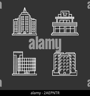 Stadt Gebäude chalk Symbole gesetzt. Einkaufszentrum, Business Center, Wolkenkratzer, mehrstöckiges Gebäude. Isolierte vektor Tafel Abbildungen Stock Vektor