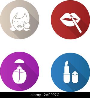 Kosmetik flache Bauweise lange Schatten Glyphe Symbole gesetzt. Frau mit Make-up Schwamm, Bleistift, Lippenstift, Parfum, Pomade. Vektor silhouette Abbildung Stock Vektor