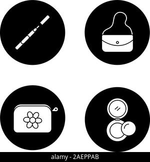 Kosmetik Glyphe Symbole gesetzt. Eyeliner, Geldbörse, Kosmetiktasche, Rouge. Vektor weisse Silhouetten Abbildungen in schwarzen Kreisen Stock Vektor